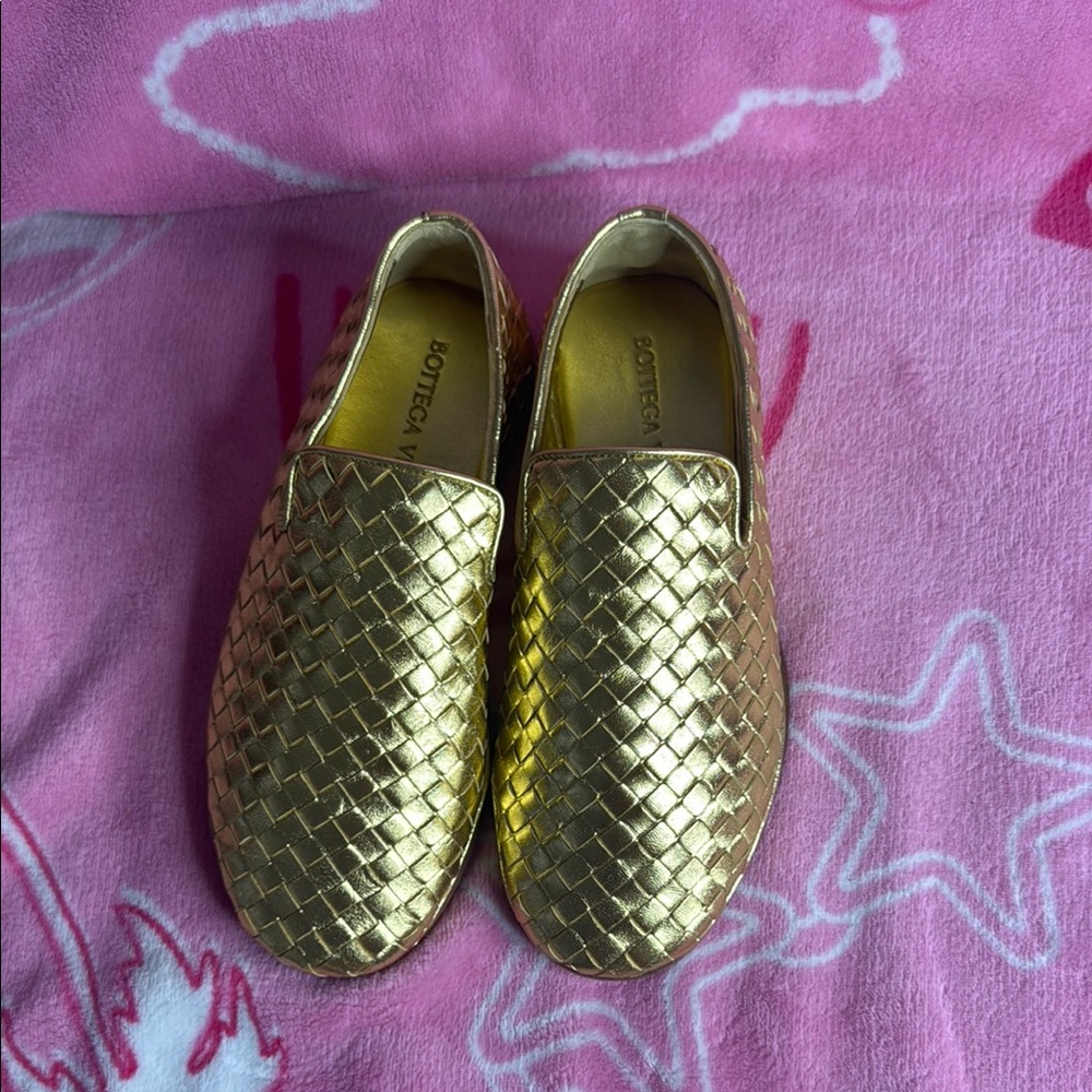 Bottega Veneta Gold Moccasins with Woven Design